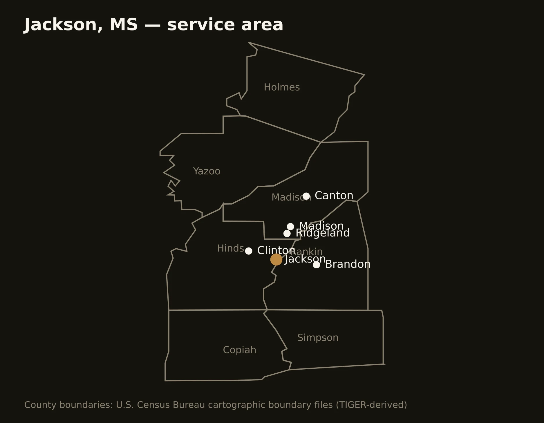 Jackson, MS directional drilling service area map — component counties and cities served